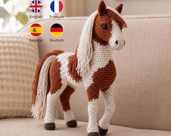 Realistisches Pferd Pinto Häkelanleitung, Amigurumi Paint Horse PDF (Englisch, Spanisch, Deutsch, Französisch)