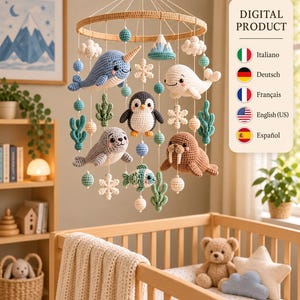 Arctic Baby Mobile Crochet Pattern PDF, Sea Animal Crib Mobile, 5 Languages