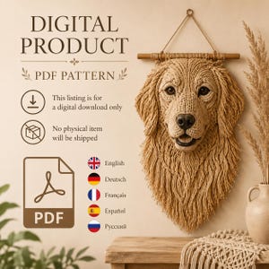 Realistic Golden Retriever Macrame Pattern PDF, Dog Wall Hanging Tutorial, English German Spanish French