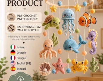 Amigurumi Ocean Baby Mobile Pattern PDF, Crochet Sea Animals Crib Mobile, Digital Nursery Decor, DIY Baby Shower Gift, 5 Languages
