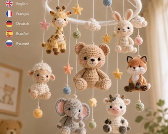 Modèle PDF de Mobile bébé Amigurumi, Mobile Safari animaux des bois au crochet, décoration numérique pour chambre de bébé, cadeau de baby shower DIY en 5 langues