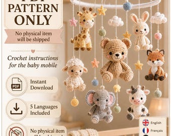 Wzór na karuzelę dla dziecka Amigurumi w formacie PDF, karuzela z leśnymi zwierzętami safari na szydełku, cyfrowa dekoracja pokoju dziecięcego, prezent DIY na baby shower w 5 językach