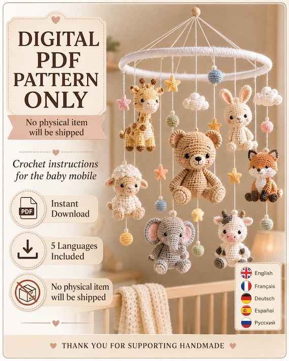 Amigurumi Baby Mobile Pattern PDF, Crochet Safari Woodland Animals Mobile, Digital Nursery Decor, DIY Baby Shower Gift in 5 Languages