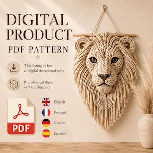 Macrame Lion Wall Hanging Pattern | Boho Animal Nursery Decor English Spanish German French (Digital Download)