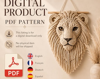 Macrame Lion Wall Hanging Pattern | Boho Animal Nursery Decor English Spanish German French (Digital Download)