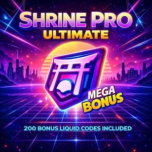 May include: A digital graphic with the words "SHRINE PRO ULTIMATE" in purple and yellow. A stylized Japanese torii gate icon is featured, with the words "MEGA BONUS" and "200 BONUS LIQUID CODES INCLUDED". The background is a retro cityscape.
