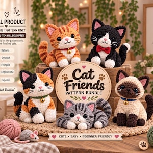 5 Crochet Cat Patterns Bundle, Amigurumi PDF, Tabby Tuxedo Calico Siamese (Digital Download)