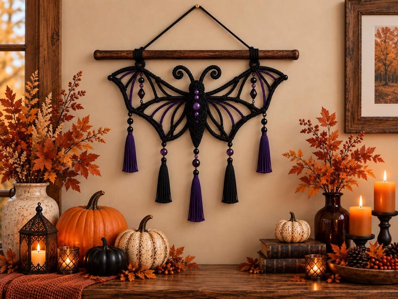 May include: A black macrame wall hanging shaped like a bat with purple accents and beads, suspended from a horizontal wooden rod. The design features symmetrical wings, a central body with purple beads, and five hanging tassels in black and purple.