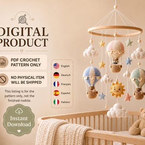 May include: A digital PDF crochet pattern for a nursery mobile featuring three crocheted hot air balloons in pastel colours, a smiling yellow sun, and several white clouds and small stars suspended from a circular wooden frame.