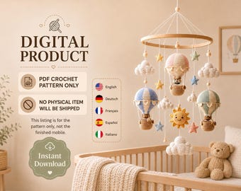 Amigurumi-Heißluftballon-Babymobile-Anleitung (PDF), Häkel-Mobile-Dekoration fürs Kinderzimmer, Wolken-Sonne-Stern-Geschenk zur Babyparty in 5 Sprachen