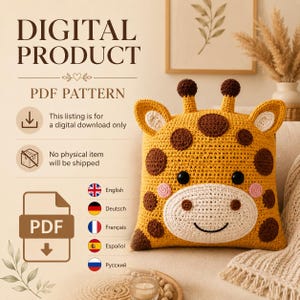 Realistisches Giraffenkissen-Häkelmuster PDF, Amigurumi-Kissen (Englisch, Français, Español, Deutsch, Русский)