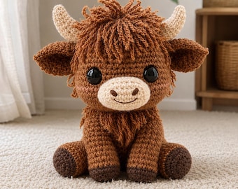 Wzór szydełkowy na krowę szkocką amigurumi – realistyczna siedząca pluszowa zabawka (do pobrania w formacie PDF)