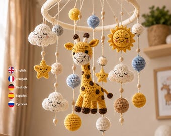 Mönster för amigurumi-babymobil i PDF-format, virkad giraffmobil för barnrum, safaridjursmobil för spjälsäng, digital babyshowerpresent på 5 språk