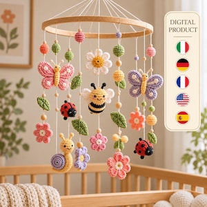 May include: A hanging mobile featuring crocheted figures of a pink butterfly, a purple butterfly, a bee, a snail, and two ladybugs, interspersed with crocheted flowers, green leaves, and small wooden beads suspended from a circular wooden frame.