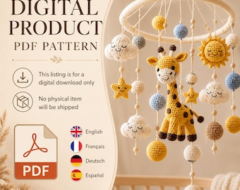 Schema PDF per giostrina per neonati a forma di giraffa safari all'uncinetto, giostrina per neonati all'uncinetto, giostrina amigurumi per culla, schema per cameretta, 5 lingue
