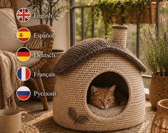 Gehäkeltes Katzenhaus-Muster, gehäkelter Kamin, Katzenbett, Amigurumi, 30 cm (English, Français, Deutsch)