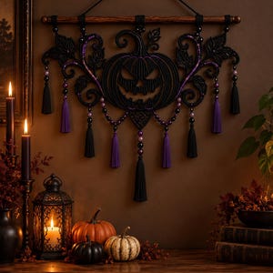Puede incluir: Un tapiz de macramé negro con un diseño central de calabaza tallada con rostro dentado, acentuado por cuentas y borlas moradas. La pieza cuelga de una varilla de madera horizontal con un cordón negro, creando una decoración oscura y detallada.