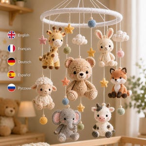 Schema PDF per giostrina per neonati Amigurumi, giostrina all'uncinetto con animali del bosco e safari, decorazione digitale per la cameretta, regalo fai da te per baby shower in 5 lingue immagine 6