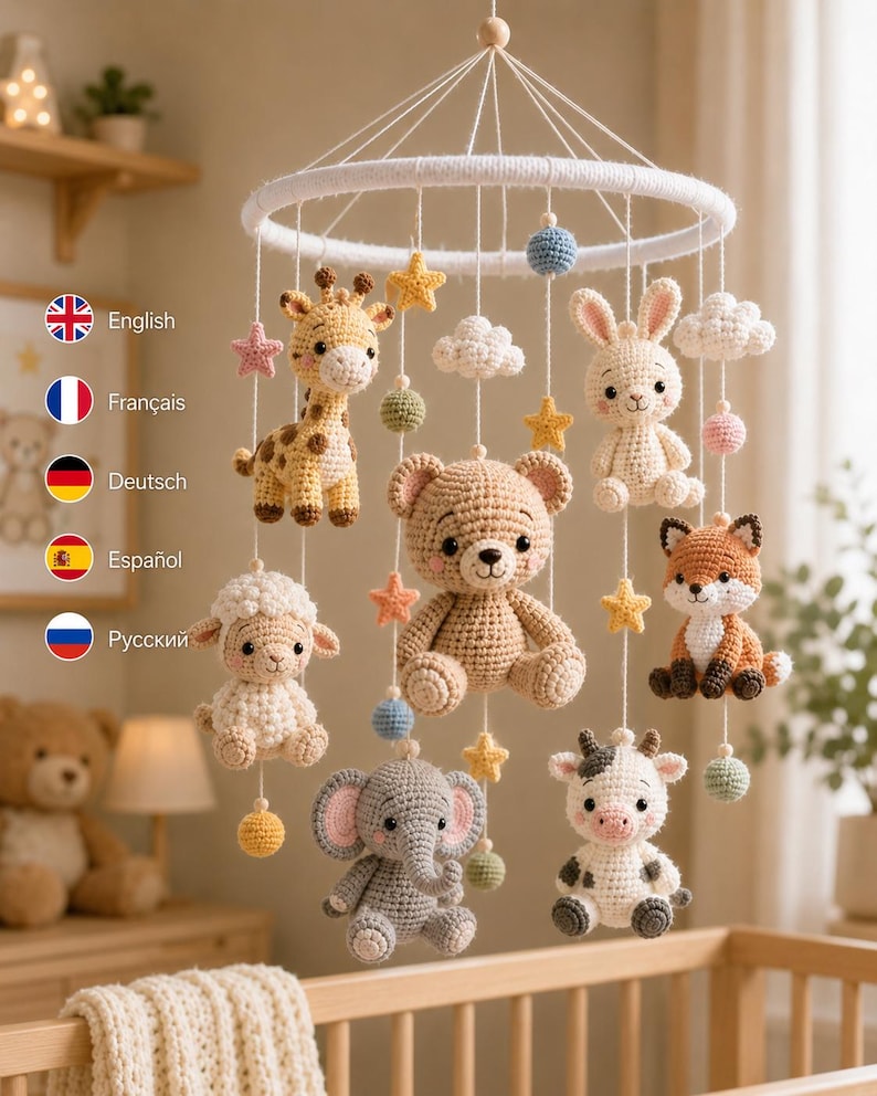 Schema PDF per giostrina per neonati Amigurumi, giostrina all'uncinetto con animali del bosco e safari, decorazione digitale per la cameretta, regalo fai da te per baby shower in 5 lingue immagine 6