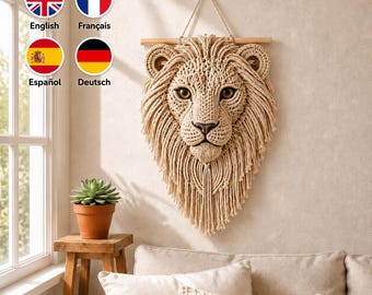 Macrame Lion Wall Hanging Pattern | Boho Animal Nursery Decor English Spanish German French (Digital Download)