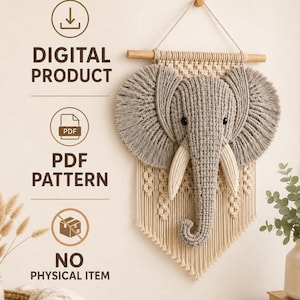 May include: A digital PDF pattern for a macrame elephant wall hanging. The design features a grey crocheted elephant head with large ears and white tusks, mounted on a cream-colored macrame backing with a wooden dowel and hanging cord.