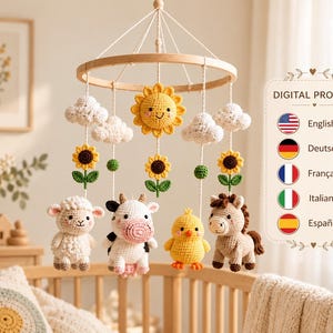 Farm Animal Crochet Baby Mobile Pattern PDF, Cow Sheep Horse Chick Sunflower Nursery, 5 Languages