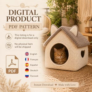 Patrón de ganchillo para casita de gato con orejas de gato de 30 cm (descarga en PDF)