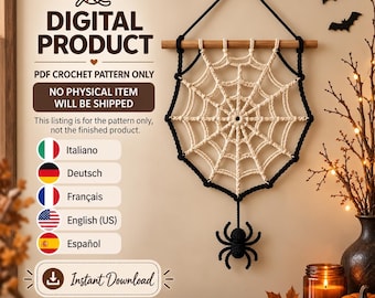 Macrame Spider Web Pattern PDF, Halloween Wall Hanging, Spider Decor, 5 Languages