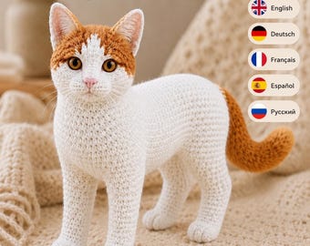 Realistische orange weiße Katze Häkelanleitung PDF, stehende Katze Amigurumi circa 30 cm, 5 Sprachen Digitaler Download