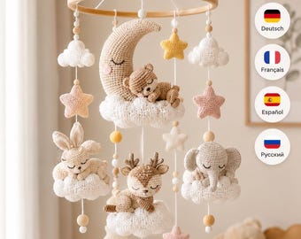 Amigurumi-Mond-Babymobile-Anleitung (PDF), Gehäkeltes Waldtier-Babymobile, Digitale Kinderzimmerdekoration, DIY-Geschenk zur Babyparty in 5 Sprachen