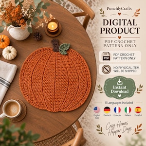 Peut inclure: Un modèle de crochet numérique PDF pour un tapis en forme de citrouille. L'image montre une citrouille crochetée orange avec une tige marron et une feuille verte. Le texte inclut PunchlyCrafts, DIGITAL PRODUCT, PDF CROCHET PATTERN ONLY et Instant Download.