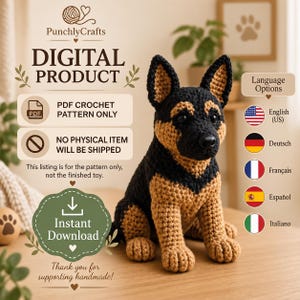 Könnte beinhalten: Eine digitale PDF-Häkelanleitung für einen Deutschen Schäferhund. Das Bild enthält den Text 'DIGITAL PRODUCT', 'PDF CROCHET PATTERN ONLY', 'NO PHYSICAL ITEM WILL BE SHIPPED' und 'Instant Download'. Der gehäkelte Hund ist schwarz und braun.