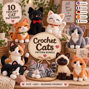 May include: A collection of ten crocheted cat figures in various colors and poses, including black, white, orange, calico, and tabby patterns. A central wooden sign reads Crochet Cats PATTERN BUNDLE, with additional text 10 CROCHET CAT PATTERNS.