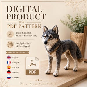 Schema PDF per realizzare un lupo realistico all'uncinetto, tutorial per amigurumi a forma di lupo, schema per realizzare un lupo di peluche del bosco, download digitale in 4 lingue.