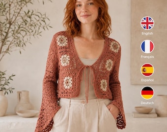 Crochet Grandma Square Cardigan Pattern PDF, Boho Tie Front Top mit Glockenärmeln, Damen XS-XL, Englisch Französisch Spanisch Deutsch