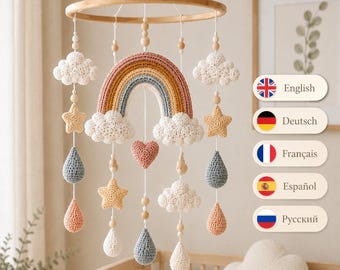 Amigurumi-Regenbogen-Babymobile-Anleitung (PDF), Häkelanleitung für Wolken-, Sternen- und Regentropfen-Mobile, digitale Kinderzimmerdekoration, DIY-Geschenk zur Babyparty in 5 Sprachen