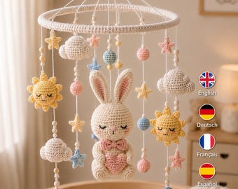 Hase Häkelanleitung PDF, Nursery Amigurumi Mobile Häkeln ca 35 cm, English Deutsch Français Español, Digital Download