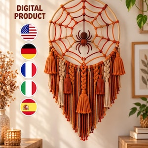 May include: A macrame wall hanging featuring a circular wooden hoop with a woven spider web pattern in shades of orange and brown, a central crocheted spider, and long hanging fringe with tassels and braided accents. Text reads DIGITAL PRODUCT.