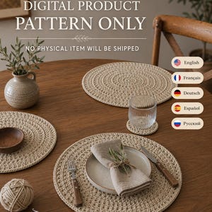 Round Crochet Placemat & Coaster Pattern PDF, 34–36 cm Boho Table Mat, English French German Spanish Russian