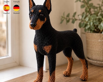 Realistische Dobermann-Häkelanleitung (PDF), Amigurumi-Hunde-Plüschtier-Tutorial, Englisch, Deutsch, Spanisch, Französisch