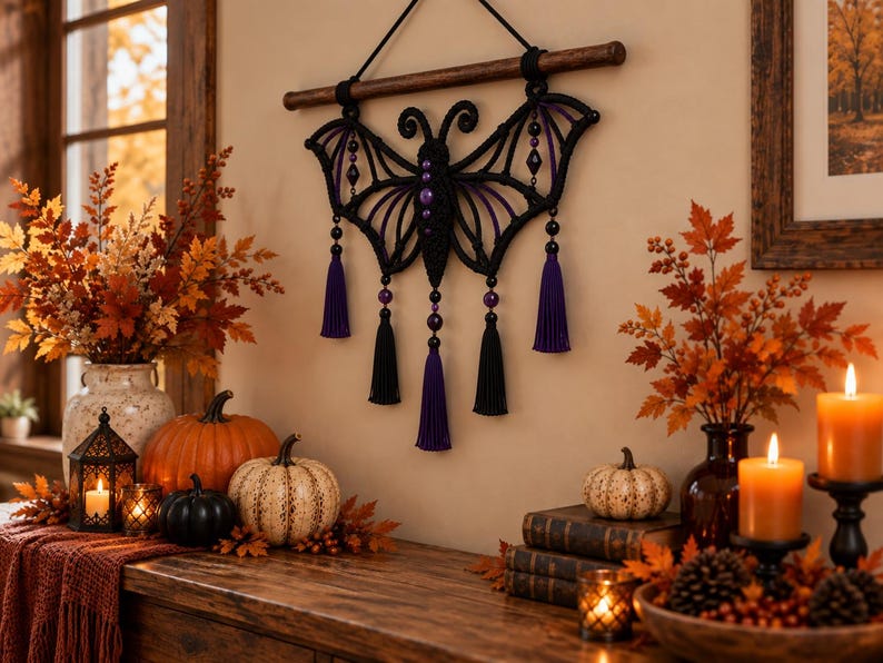 May include: A black macrame wall hanging shaped like a bat with purple accents, featuring a central body with purple beads, two wings with geometric patterns, and five hanging tassels in alternating black and purple colors suspended from a wooden rod.