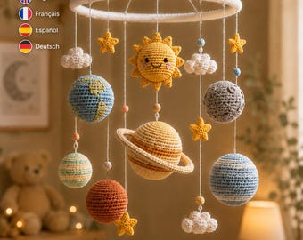 Häkelanleitung für ein Baby-Mobile mit Sonnensystem, Amigurumi-Planeten, Sonne und Sterne (PDF-Download)
