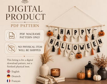 Macrame Halloween Banner Pattern PDF, Happy Halloween Wall Hanging, Digital Fall Decor, DIY Halloween Garland in 5 Languages