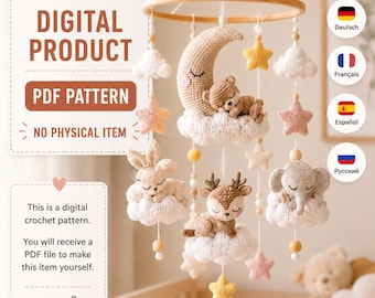 Wzór na mobilną przytulankę Amigurumi Moon Baby w formacie PDF, szydełkowana mobilna łóżeczko z leśnymi zwierzętami, cyfrowa dekoracja pokoju dziecięcego, prezent DIY na baby shower w 5 językach