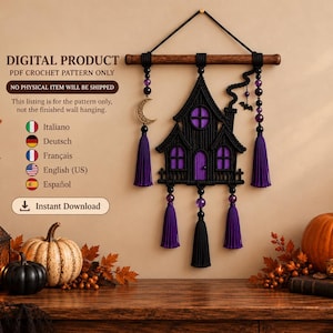 May include: A digital PDF crochet pattern for a black and purple macrame-style wall hanging featuring a house with a chimney, a crescent moon charm, a bat charm, and purple tassels. The text reads DIGITAL PRODUCT, PDF CROCHET PATTERN ONLY.