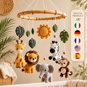 Safari Baby Mobile Crochet Pattern PDF, Giraffe Lion Elephant Zebra Monkey, 5 Languages