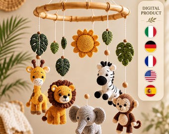 Safari Baby Mobile Crochet Pattern PDF, Giraffe Lion Elephant Zebra Monkey, 5 Languages