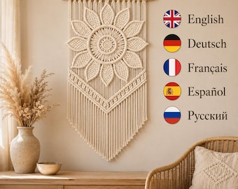 Makramee-Wandbehang Muster PDF | Sunflower Mandala Boho Home Decor Tutorial 70 x 100 cm | Englisch, Deutsch, Französisch, Spanisch Russisch