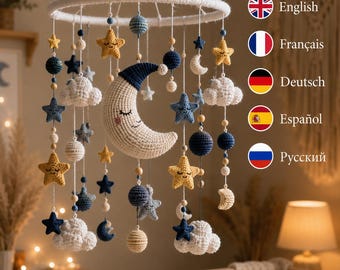Amigurumi-Babymobile-Anleitung (PDF), gehäkeltes Mond-, Sternen- und Wolken-Babymobile, digitale Kinderzimmerdekoration, DIY-Geschenk zur Babyparty in 5 Sprachen