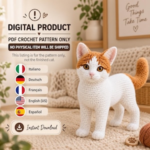 Puede incluir: Un patrón de ganchillo PDF digital para un gato. La imagen muestra un juguete de gato tejido a ganchillo en blanco y naranja con ojos color ámbar. El texto incluye DIGITAL PRODUCT, PDF CROCHET PATTERN ONLY, NO PHYSICAL ITEM WILL BE SHIPPED.
